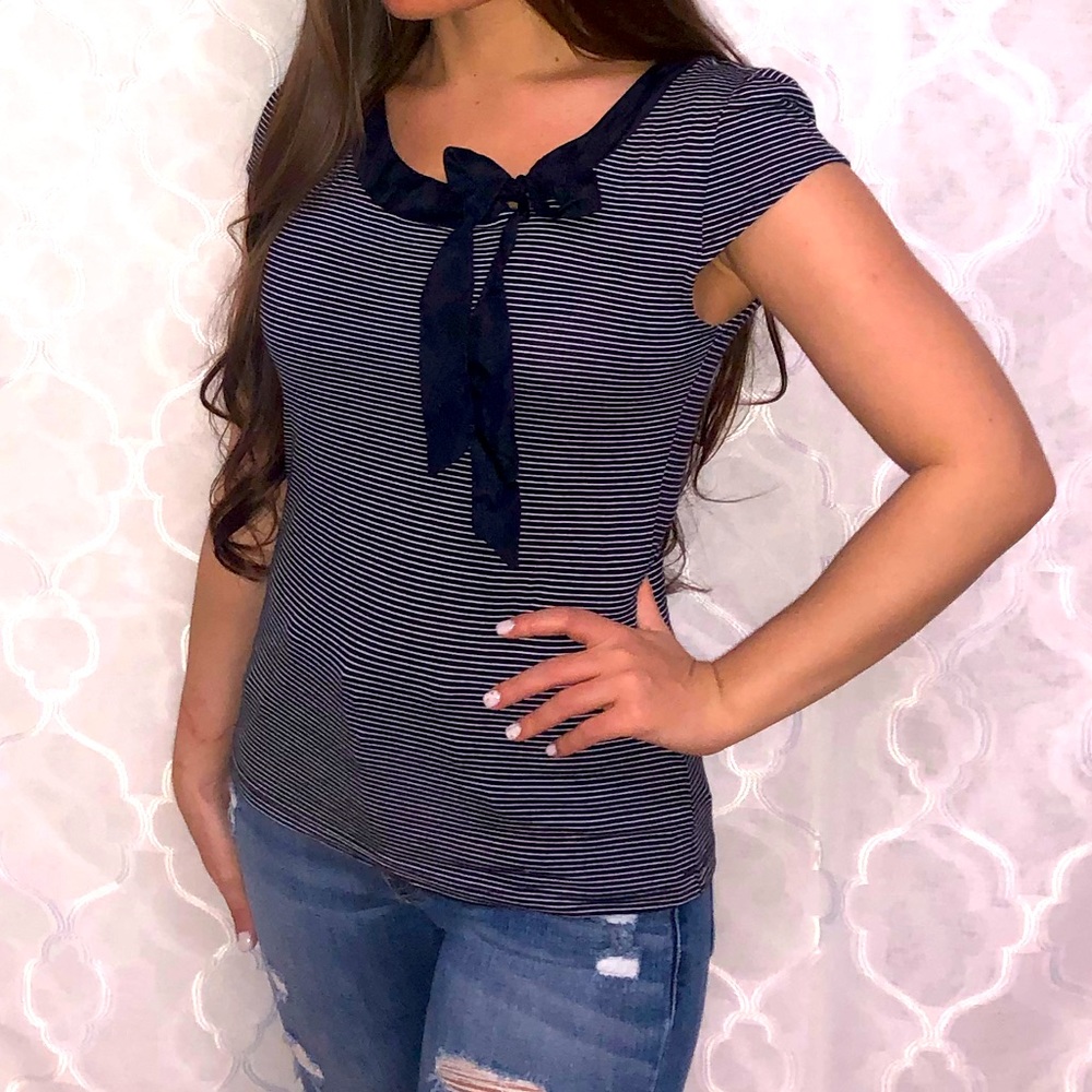 H&M Paris black & white stripe silk satin bow short sleeve blouse shirt top XS S